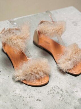 Faux Fur Strap Open-Toe Sandals With Clear Ankle Strap & Low Heel Nude